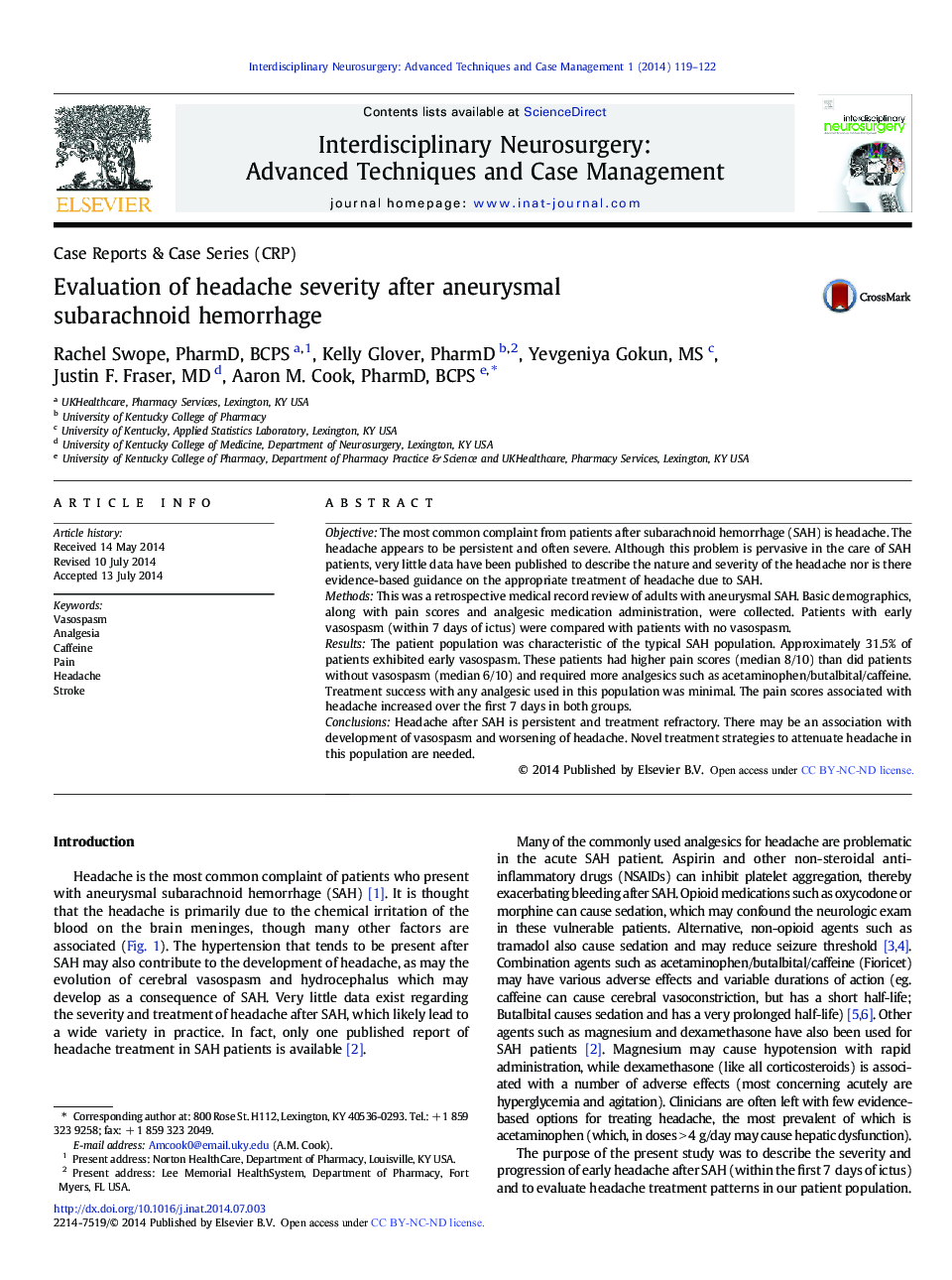 Evaluation of headache severity after aneurysmal subarachnoid hemorrhage