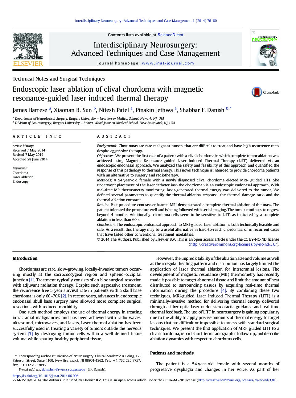 Endoscopic laser ablation of clival chordoma with magnetic resonance-guided laser induced thermal therapy