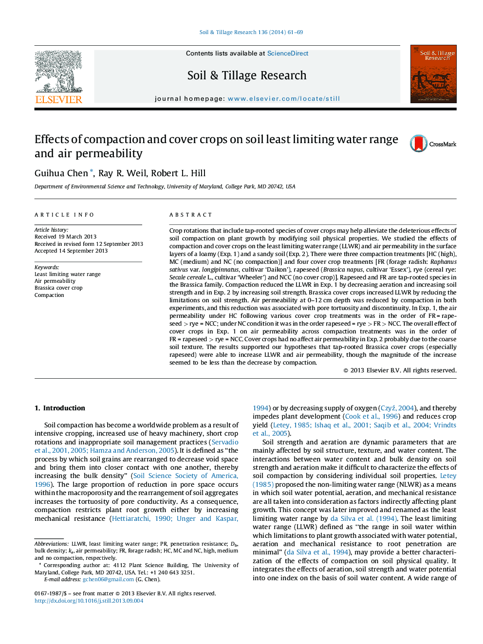 Effects of compaction and cover crops on soil least limiting water range and air permeability