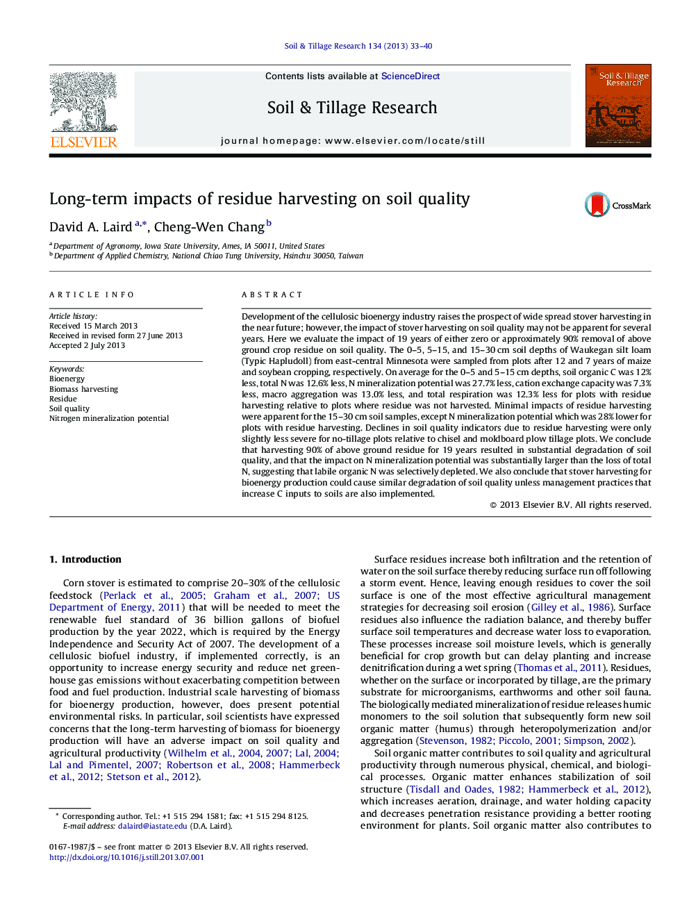 Long-term impacts of residue harvesting on soil quality