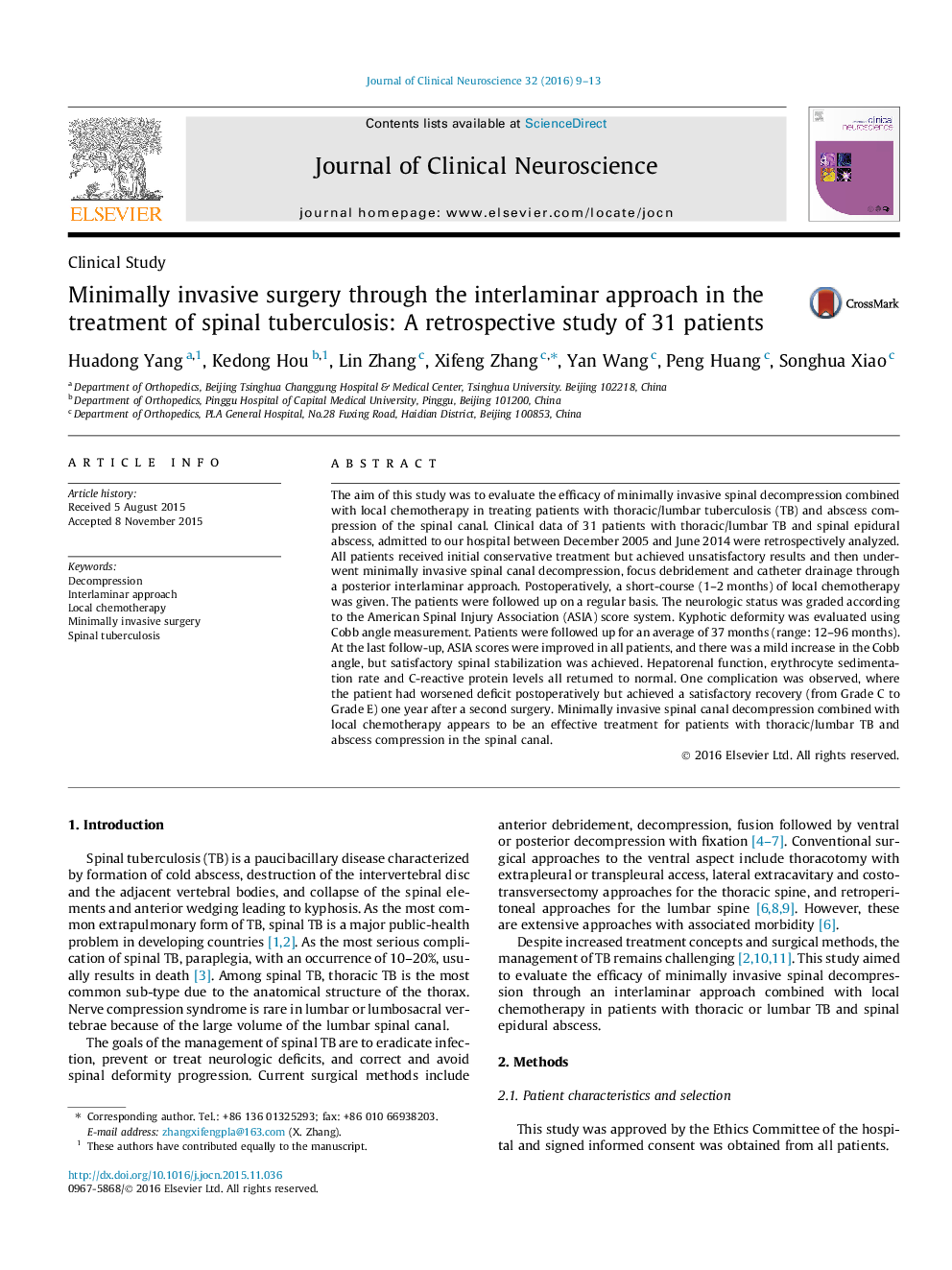 Minimally invasive surgery through the interlaminar approach in the treatment of spinal tuberculosis: A retrospective study of 31 patients