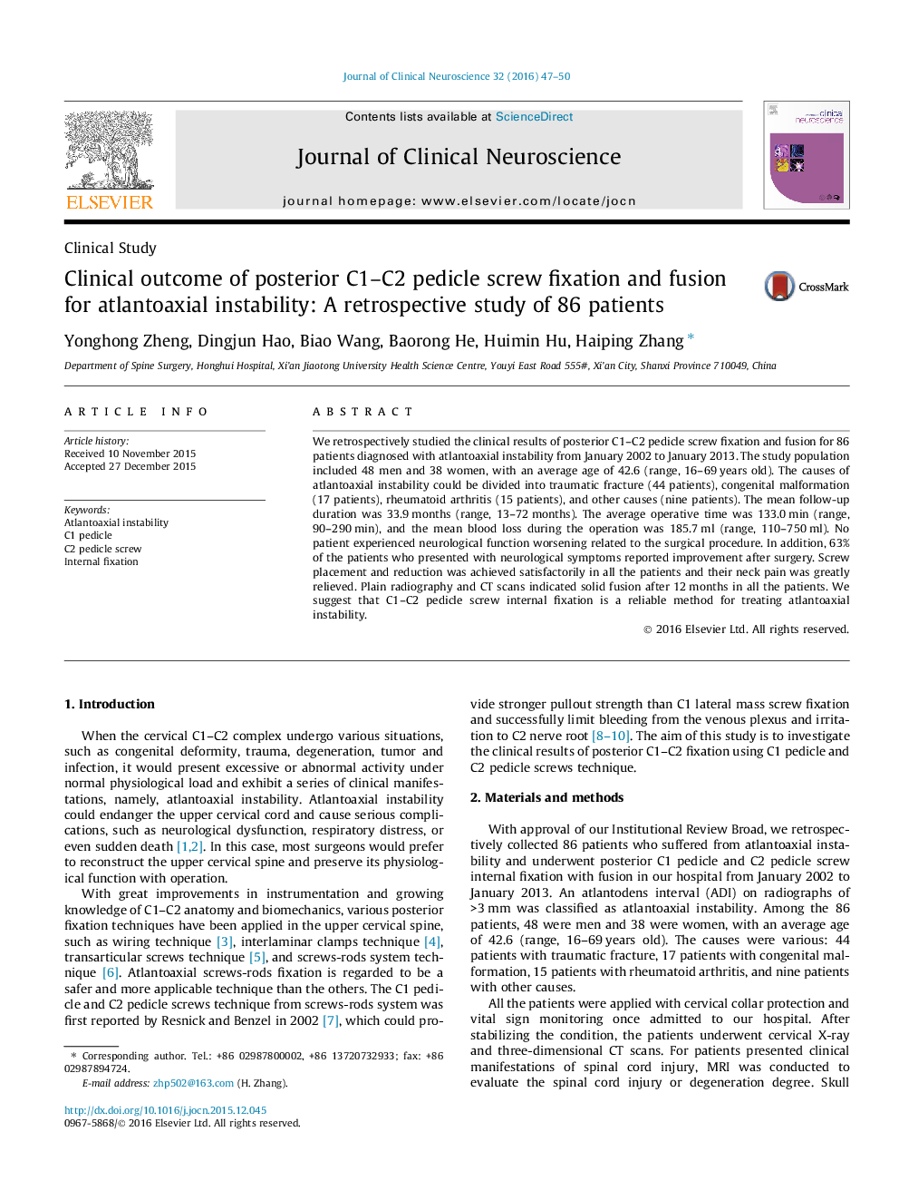 Clinical outcome of posterior C1–C2 pedicle screw fixation and fusion for atlantoaxial instability: A retrospective study of 86 patients