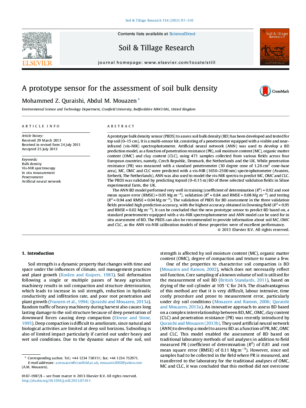 A prototype sensor for the assessment of soil bulk density