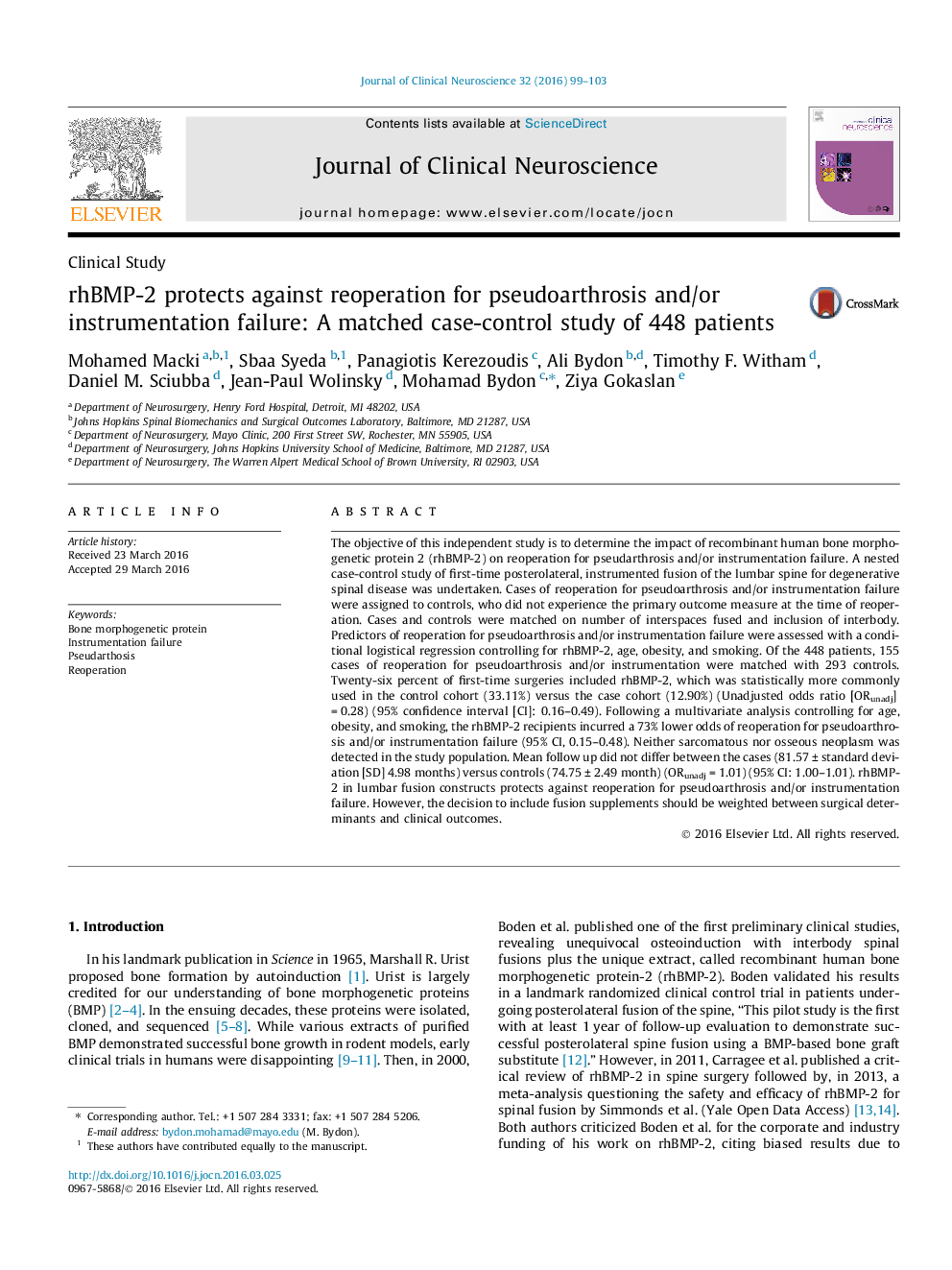 rhBMP-2 protects against reoperation for pseudoarthrosis and/or instrumentation failure: A matched case-control study of 448 patients