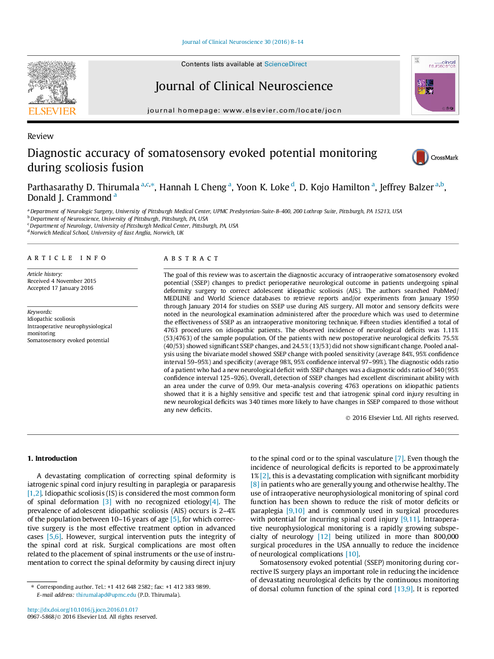 Diagnostic accuracy of somatosensory evoked potential monitoring during scoliosis fusion