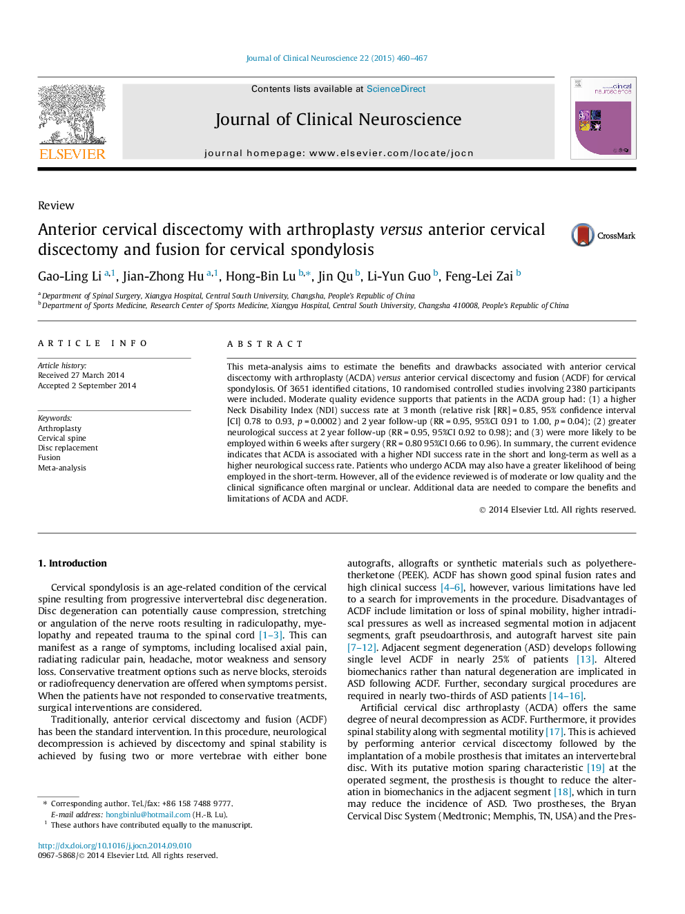 Anterior cervical discectomy with arthroplasty versus anterior cervical discectomy and fusion for cervical spondylosis