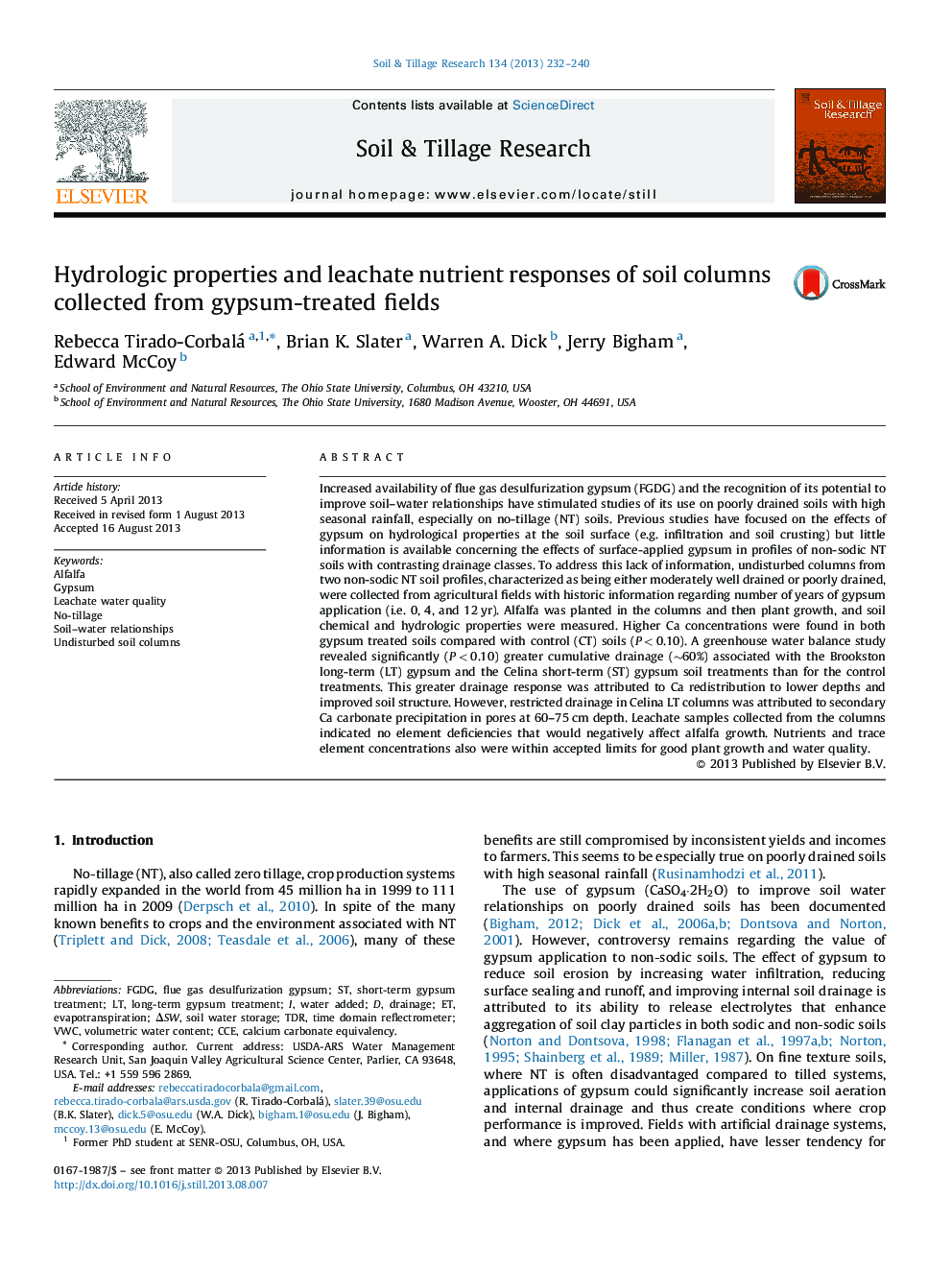 Hydrologic properties and leachate nutrient responses of soil columns collected from gypsum-treated fields