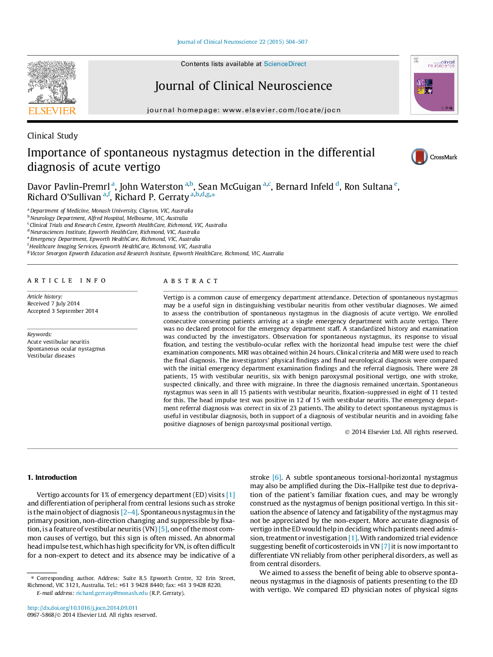 Importance of spontaneous nystagmus detection in the differential diagnosis of acute vertigo