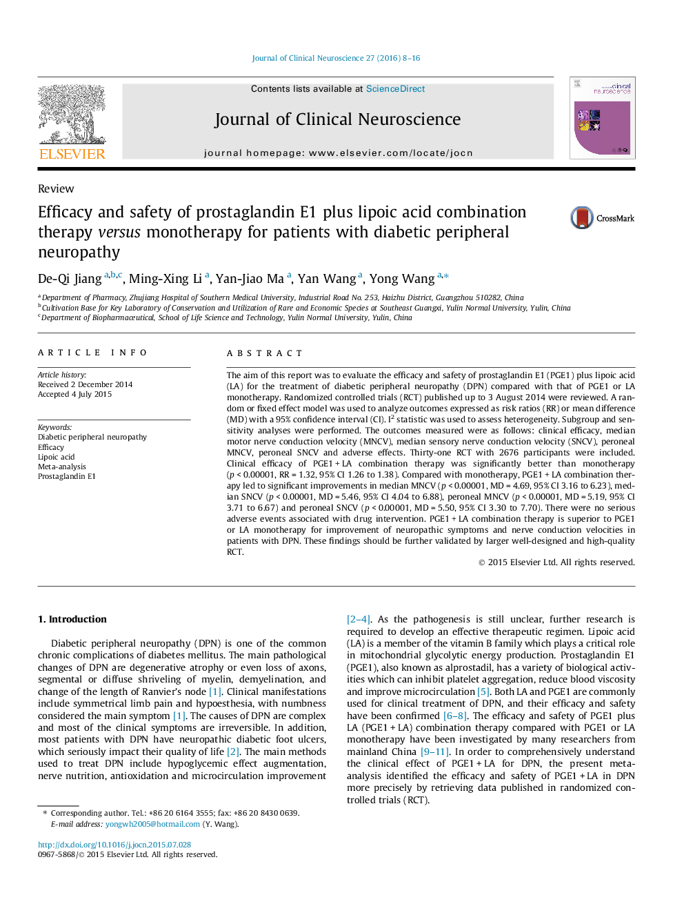 Efficacy and safety of prostaglandin E1 plus lipoic acid combination therapy versus monotherapy for patients with diabetic peripheral neuropathy