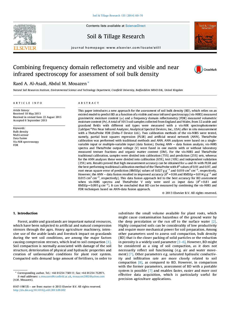 Combining frequency domain reflectometry and visible and near infrared spectroscopy for assessment of soil bulk density