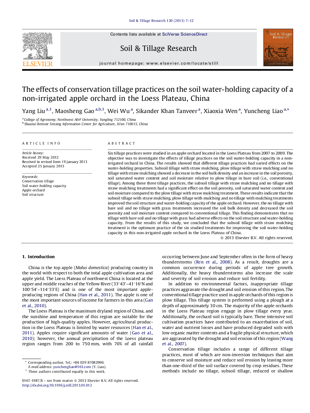 The effects of conservation tillage practices on the soil water-holding capacity of a non-irrigated apple orchard in the Loess Plateau, China