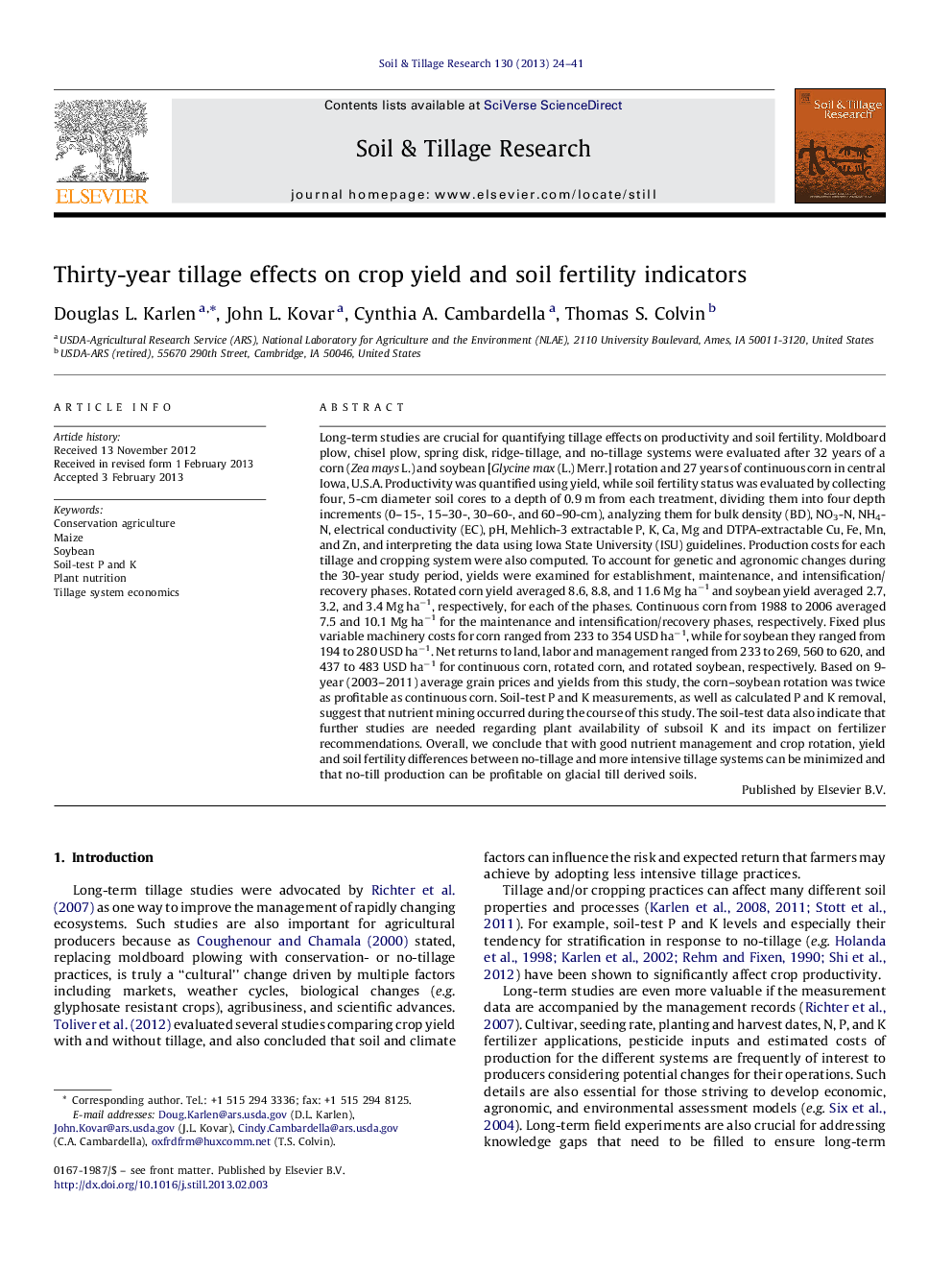 Thirty-year tillage effects on crop yield and soil fertility indicators