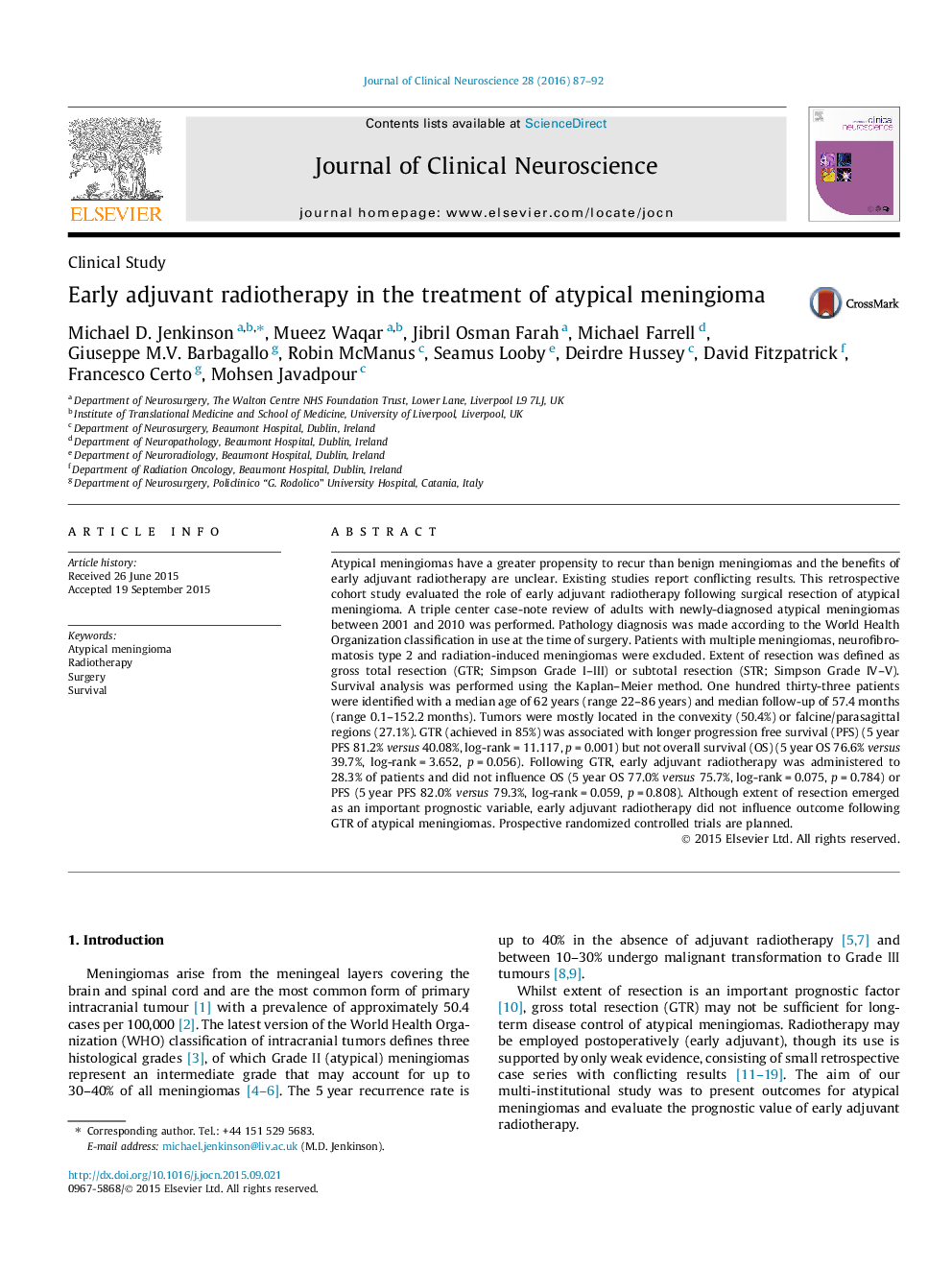 Early adjuvant radiotherapy in the treatment of atypical meningioma