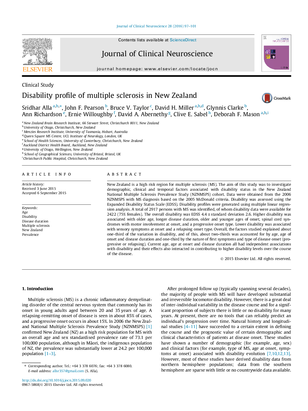 Disability profile of multiple sclerosis in New Zealand