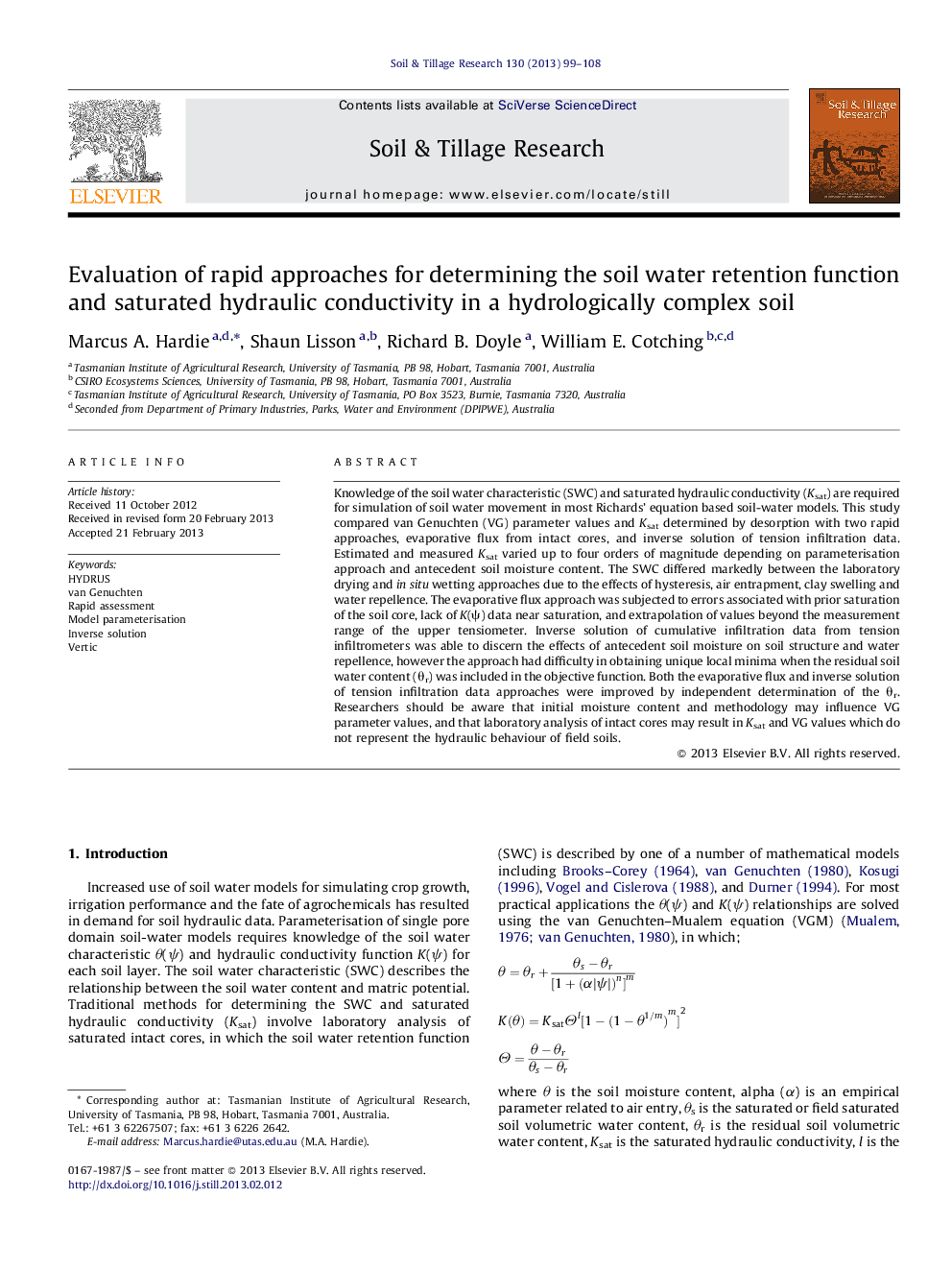 Evaluation of rapid approaches for determining the soil water retention function and saturated hydraulic conductivity in a hydrologically complex soil