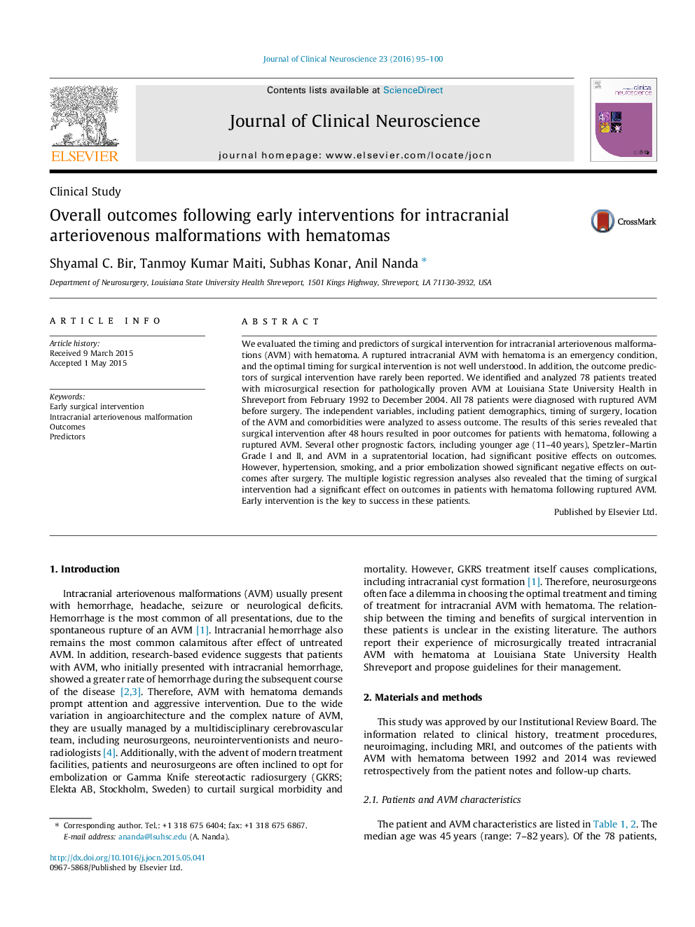 Overall outcomes following early interventions for intracranial arteriovenous malformations with hematomas