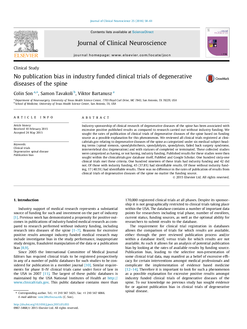 No publication bias in industry funded clinical trials of degenerative diseases of the spine