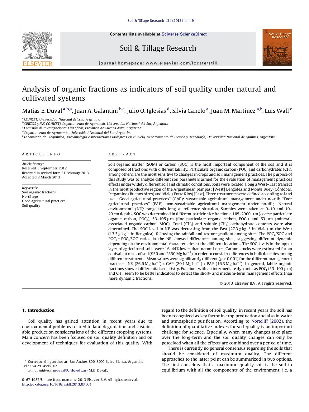 Analysis of organic fractions as indicators of soil quality under natural and cultivated systems