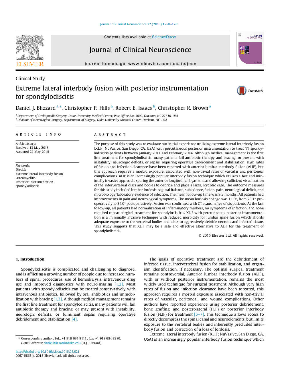 Extreme lateral interbody fusion with posterior instrumentation for spondylodiscitis