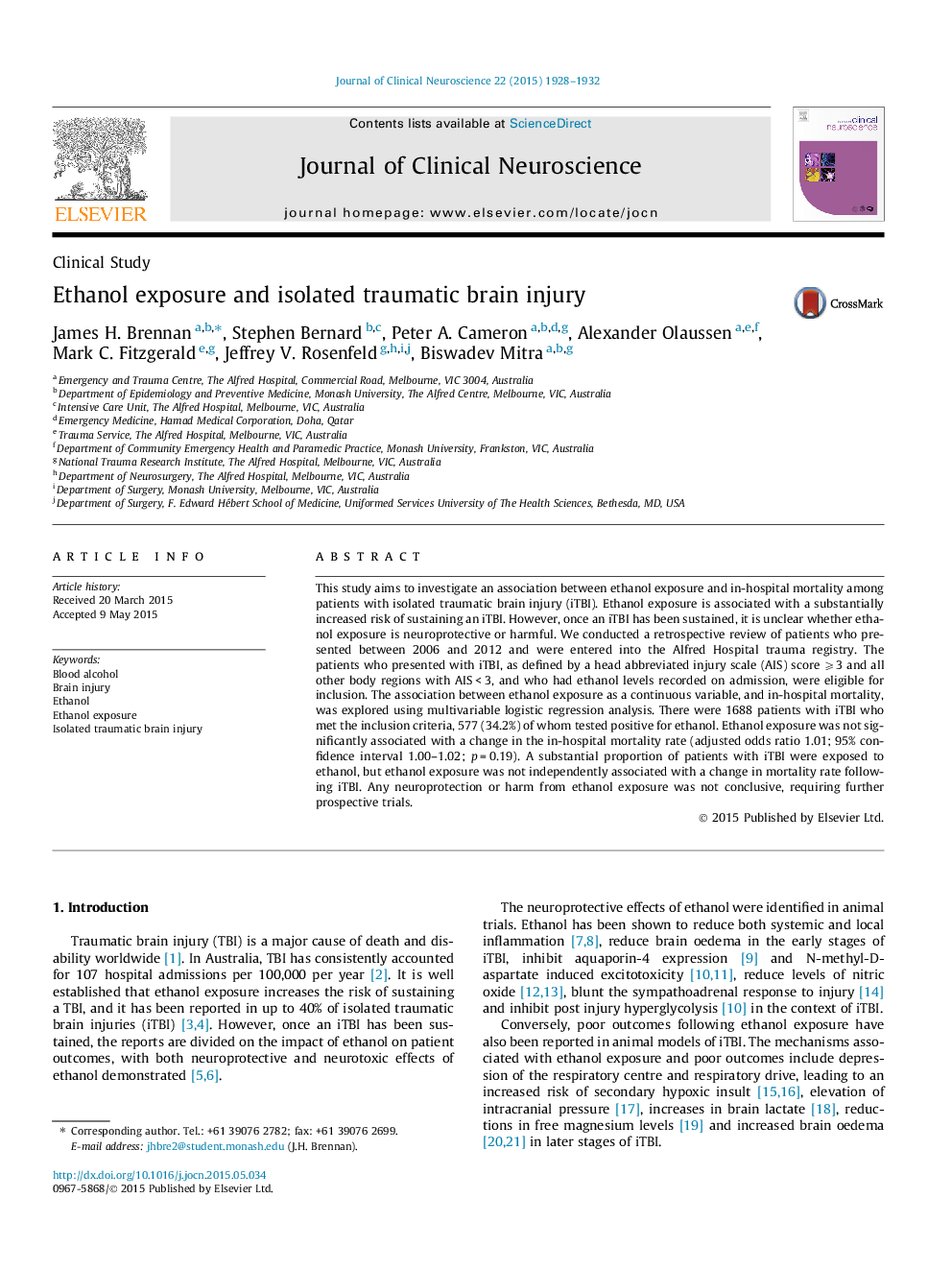 Ethanol exposure and isolated traumatic brain injury