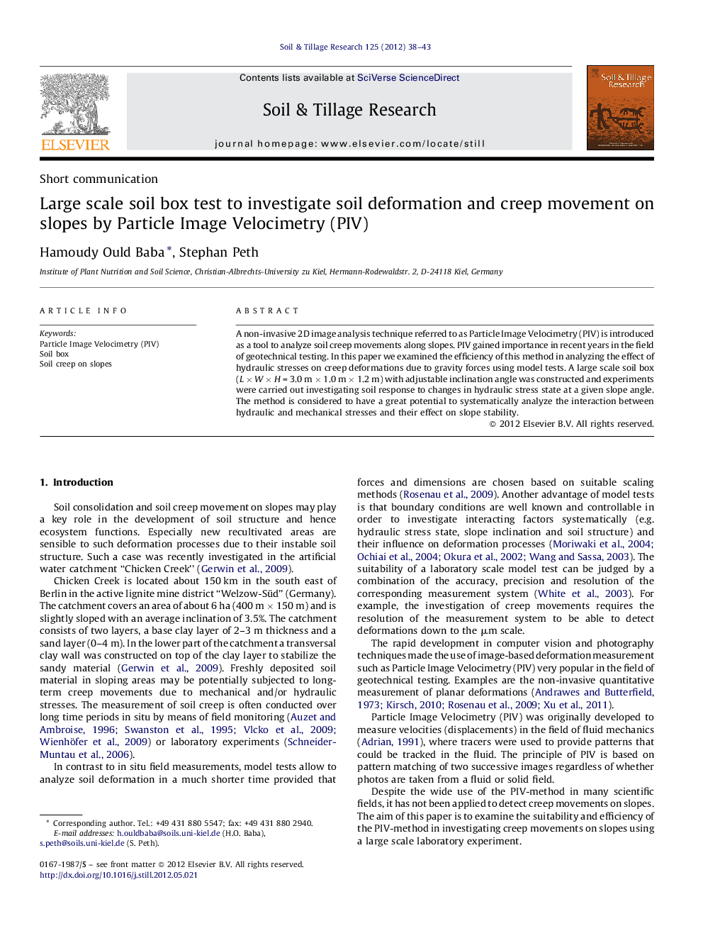 Large scale soil box test to investigate soil deformation and creep movement on slopes by Particle Image Velocimetry (PIV)