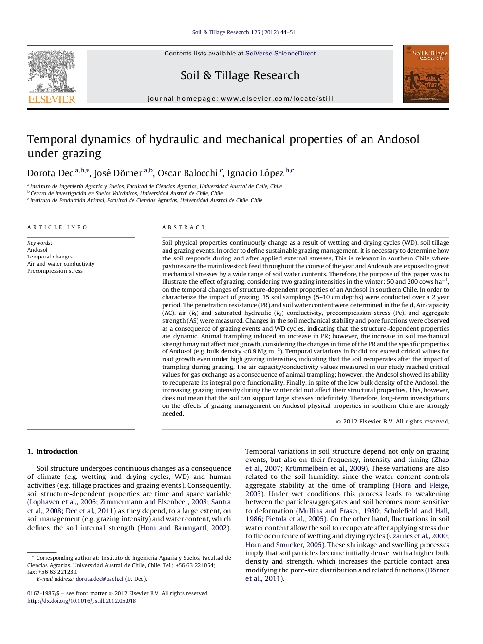 Temporal dynamics of hydraulic and mechanical properties of an Andosol under grazing