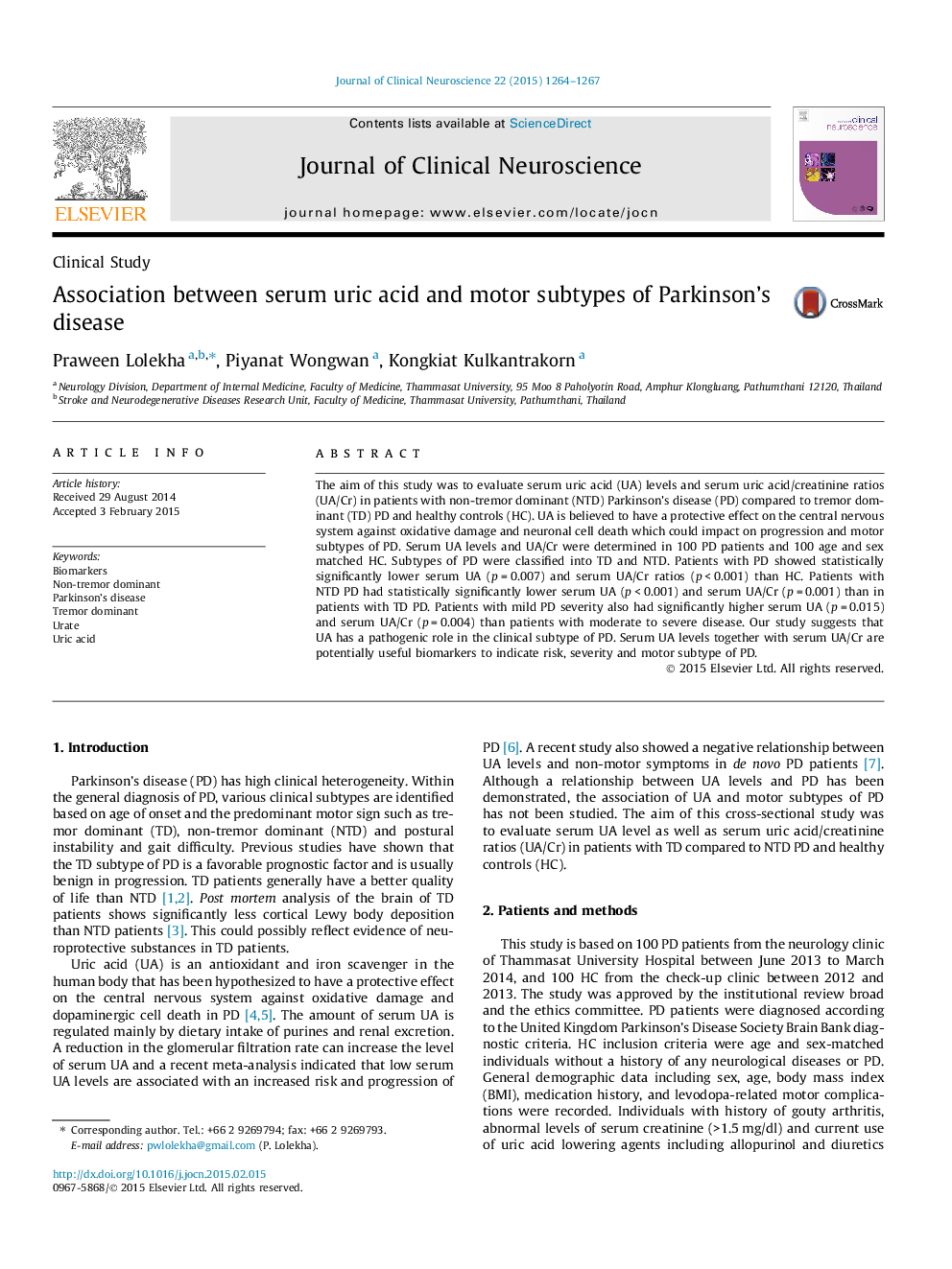 Association between serum uric acid and motor subtypes of Parkinson’s disease