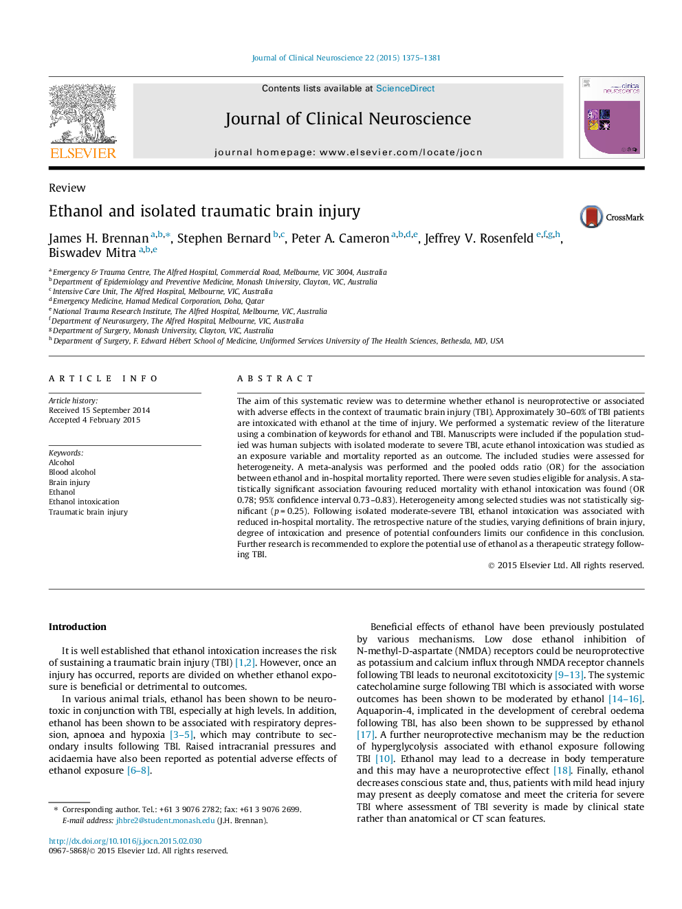 Ethanol and isolated traumatic brain injury