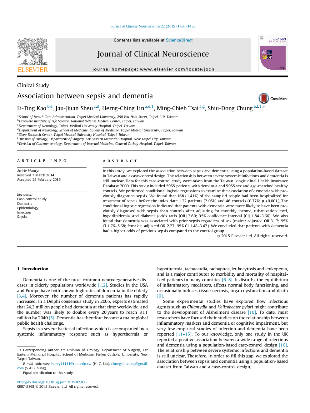 Association between sepsis and dementia