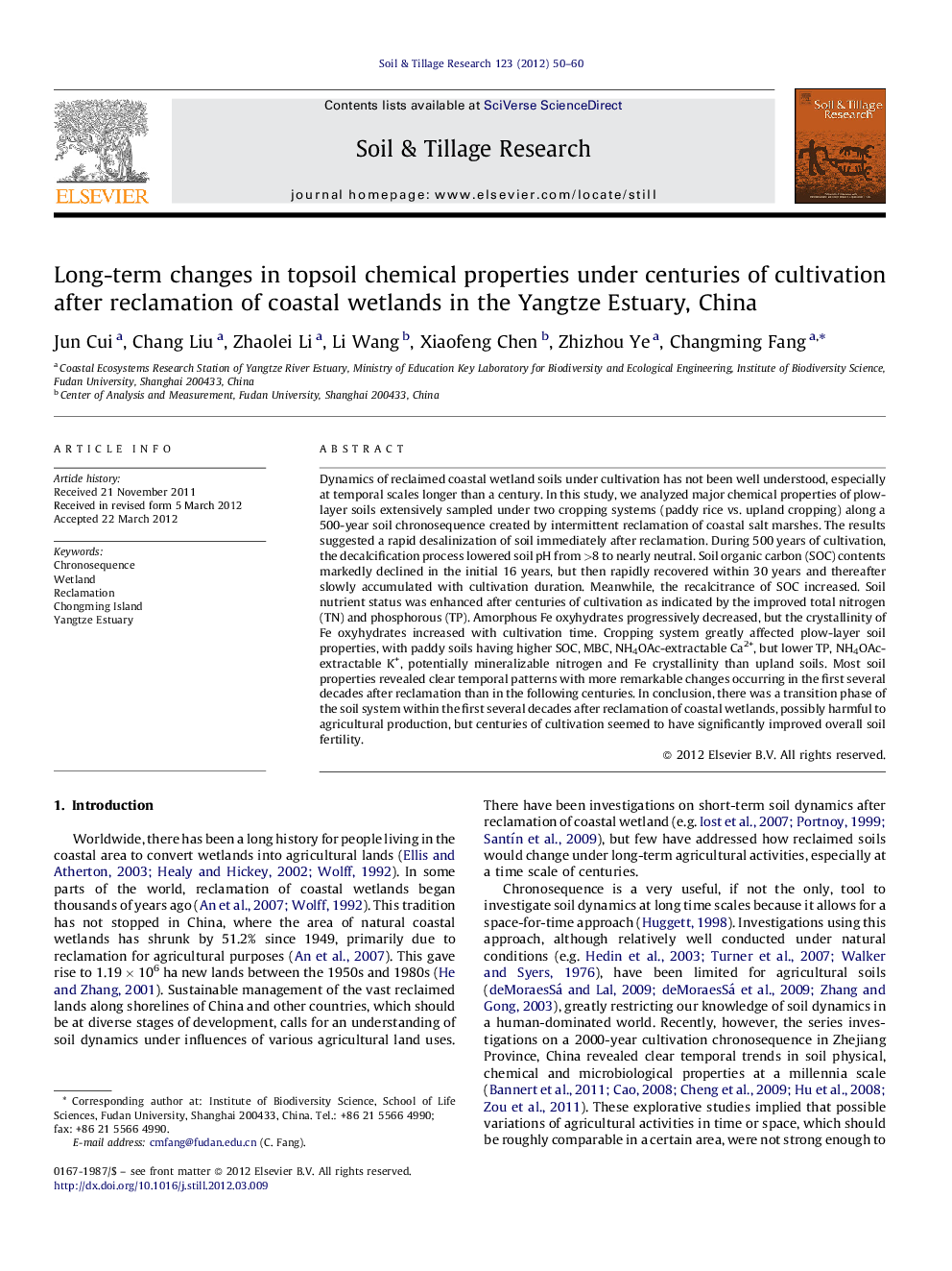 Long-term changes in topsoil chemical properties under centuries of cultivation after reclamation of coastal wetlands in the Yangtze Estuary, China