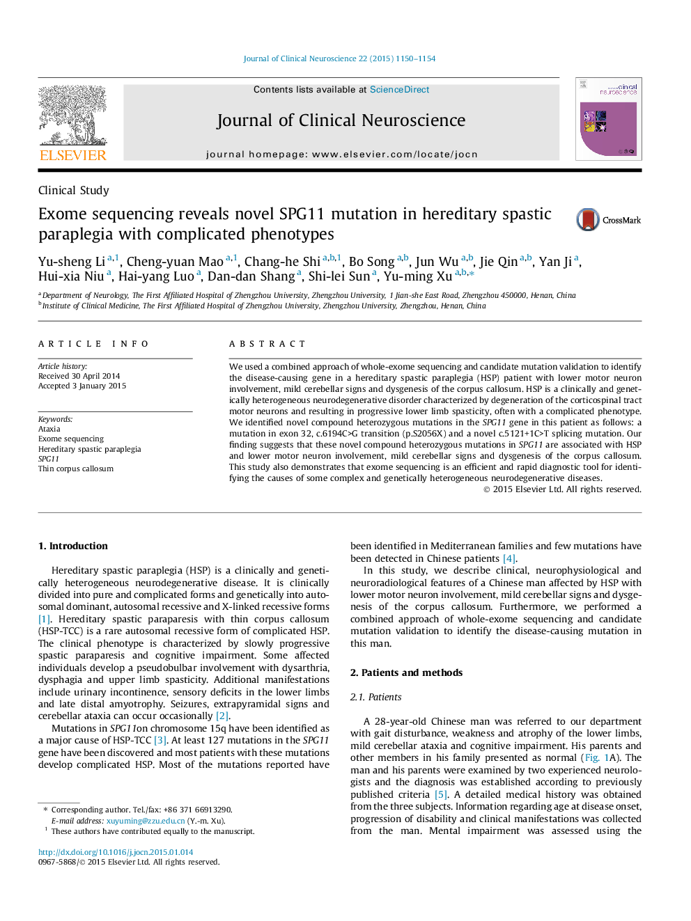 Exome sequencing reveals novel SPG11 mutation in hereditary spastic paraplegia with complicated phenotypes