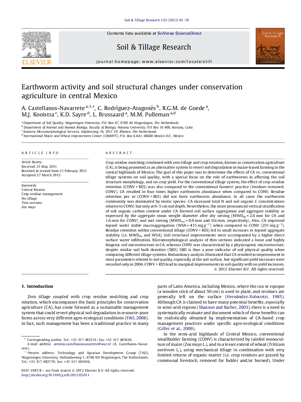 Earthworm activity and soil structural changes under conservation agriculture in central Mexico