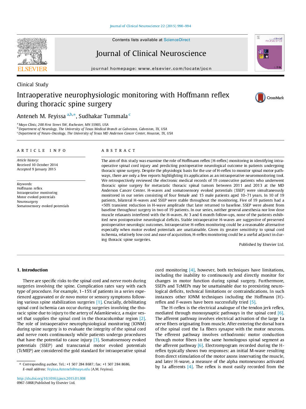 Intraoperative neurophysiologic monitoring with Hoffmann reflex during thoracic spine surgery