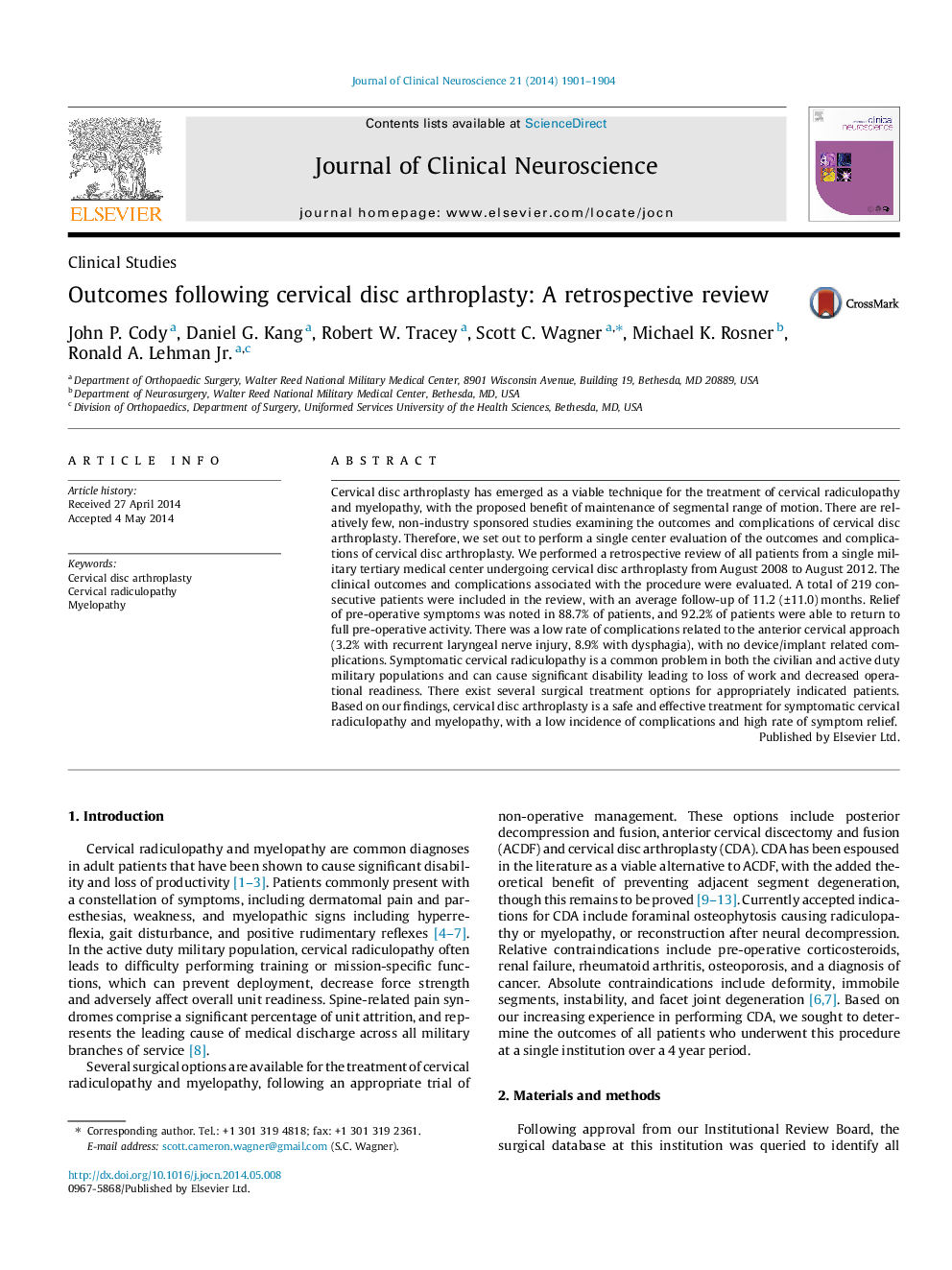 Outcomes following cervical disc arthroplasty: A retrospective review