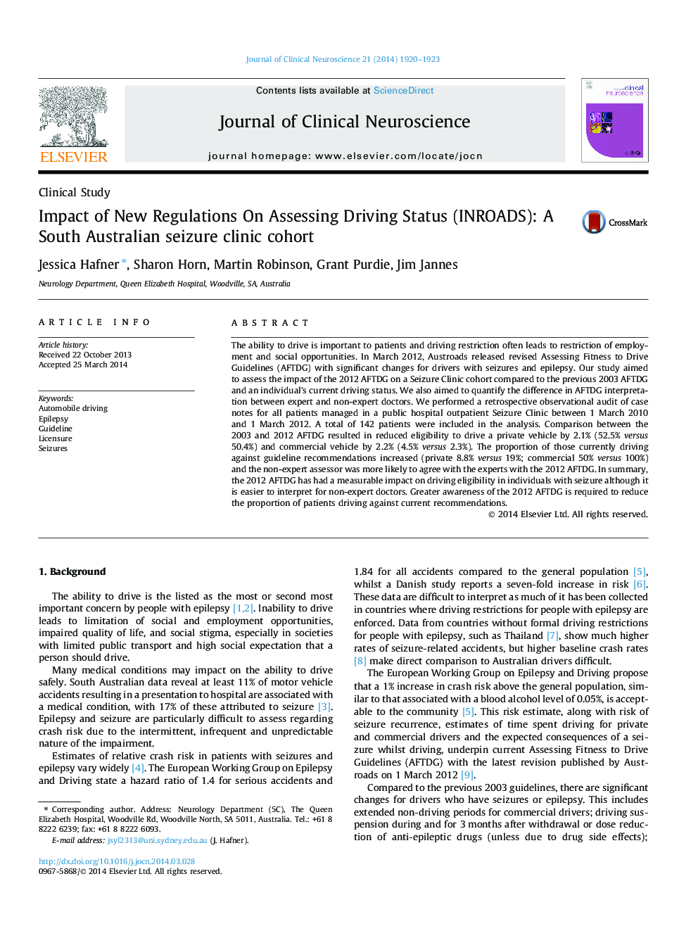 Impact of New Regulations On Assessing Driving Status (INROADS): A South Australian seizure clinic cohort