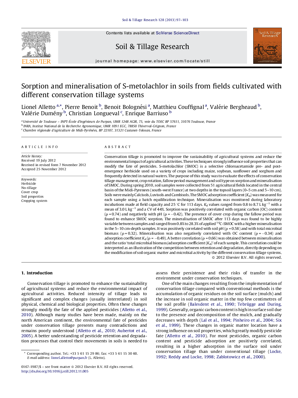 Sorption and mineralisation of S-metolachlor in soils from fields cultivated with different conservation tillage systems