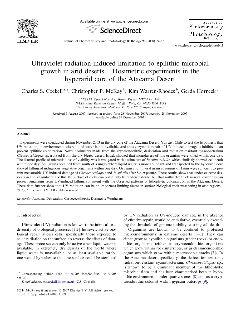 Ultraviolet radiation-induced limitation to epilithic microbial growth in arid deserts – Dosimetric experiments in the hyperarid core of the Atacama Desert