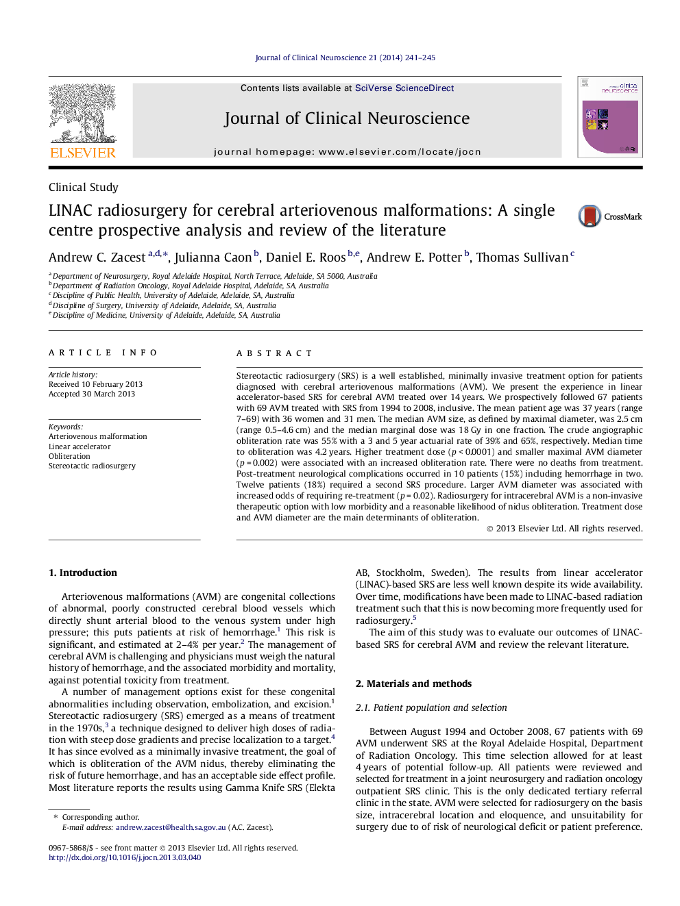 LINAC radiosurgery for cerebral arteriovenous malformations: A single centre prospective analysis and review of the literature