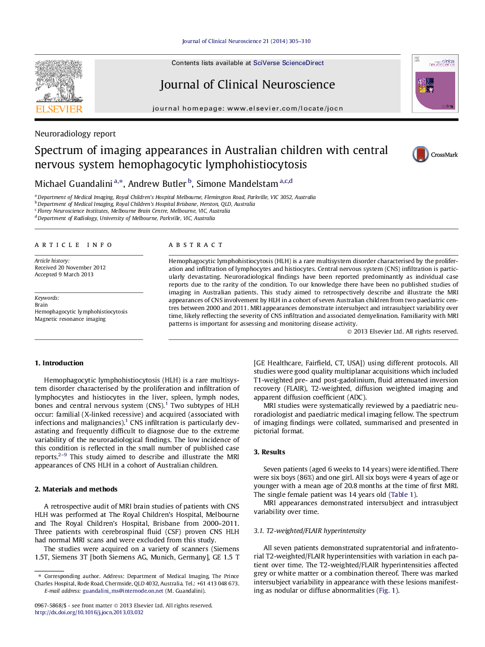 Spectrum of imaging appearances in Australian children with central nervous system hemophagocytic lymphohistiocytosis