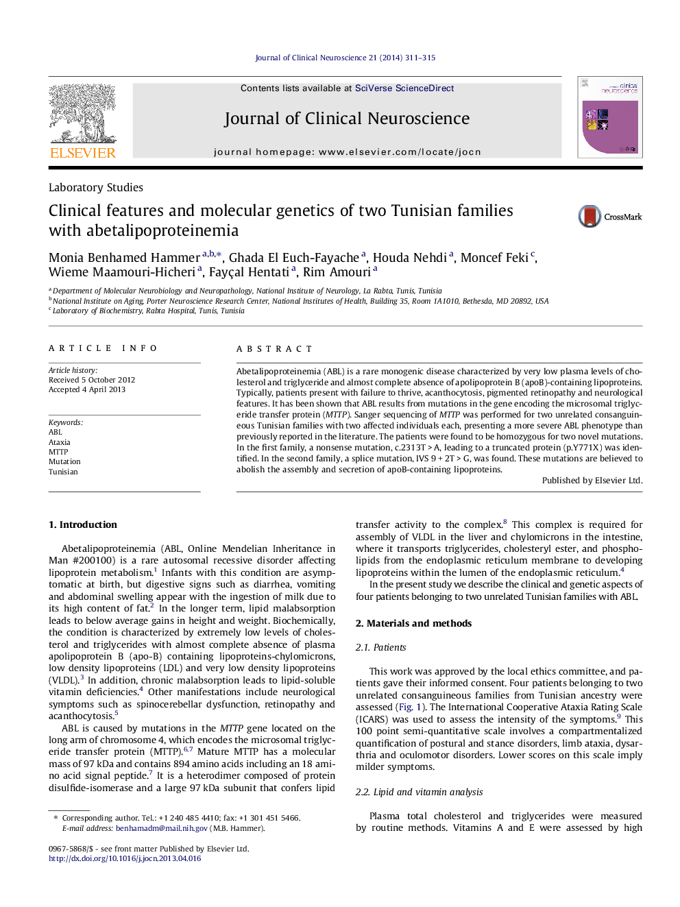 Clinical features and molecular genetics of two Tunisian families with abetalipoproteinemia