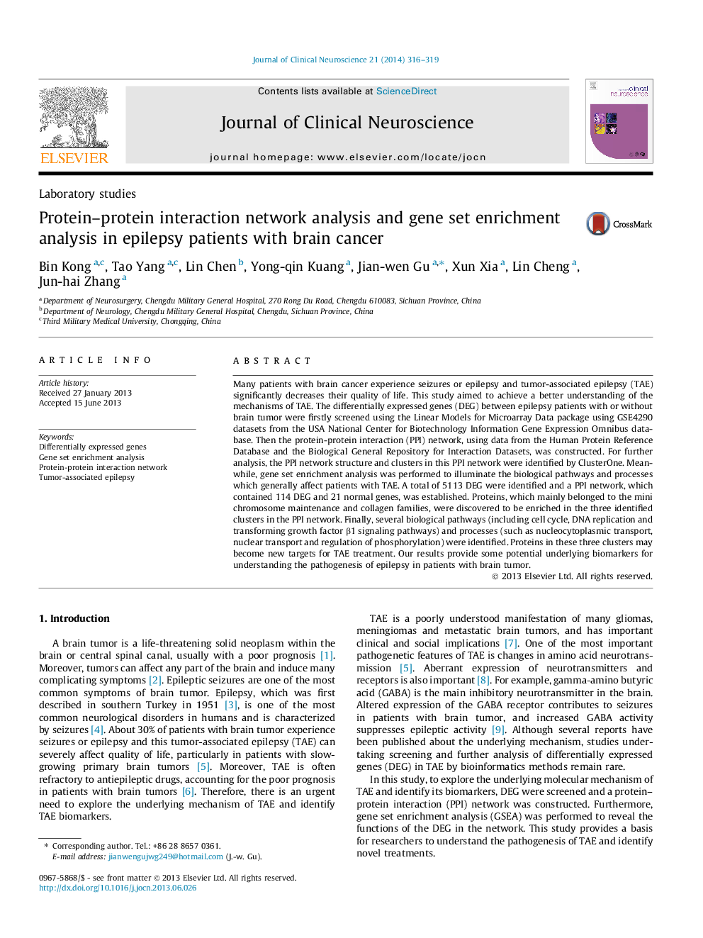 Protein–protein interaction network analysis and gene set enrichment analysis in epilepsy patients with brain cancer