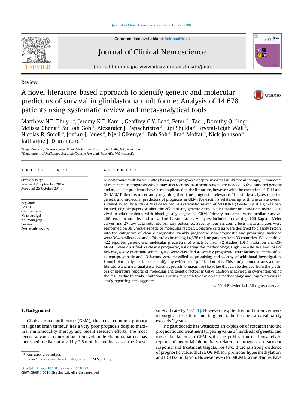 A novel literature-based approach to identify genetic and molecular predictors of survival in glioblastoma multiforme: Analysis of 14,678 patients using systematic review and meta-analytical tools