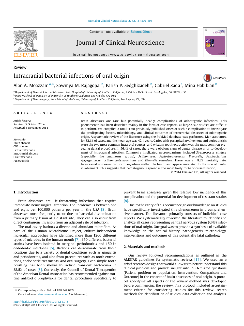 Intracranial bacterial infections of oral origin