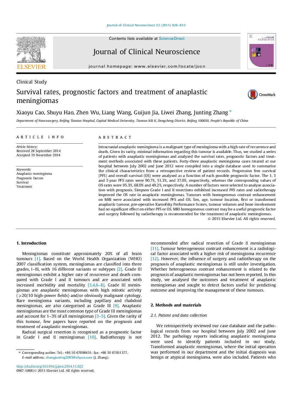 Survival rates, prognostic factors and treatment of anaplastic meningiomas