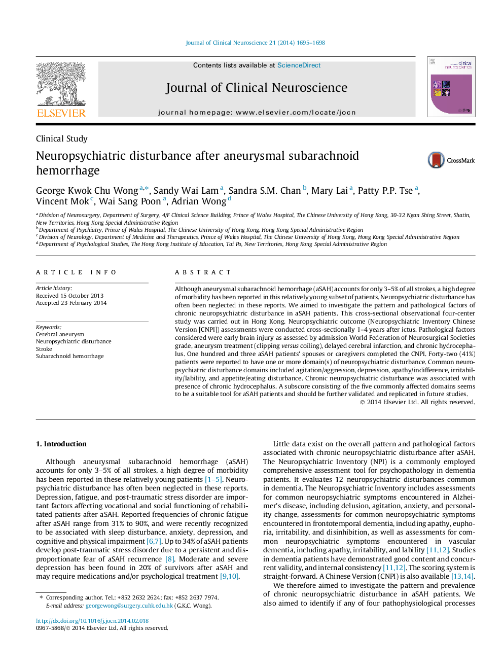 Neuropsychiatric disturbance after aneurysmal subarachnoid hemorrhage