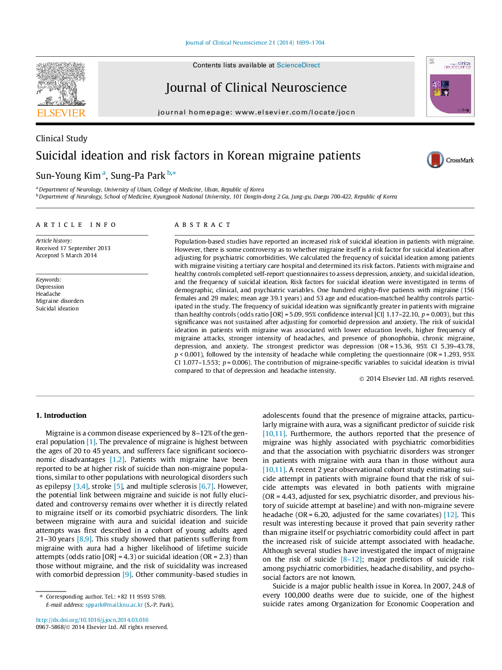 Suicidal ideation and risk factors in Korean migraine patients