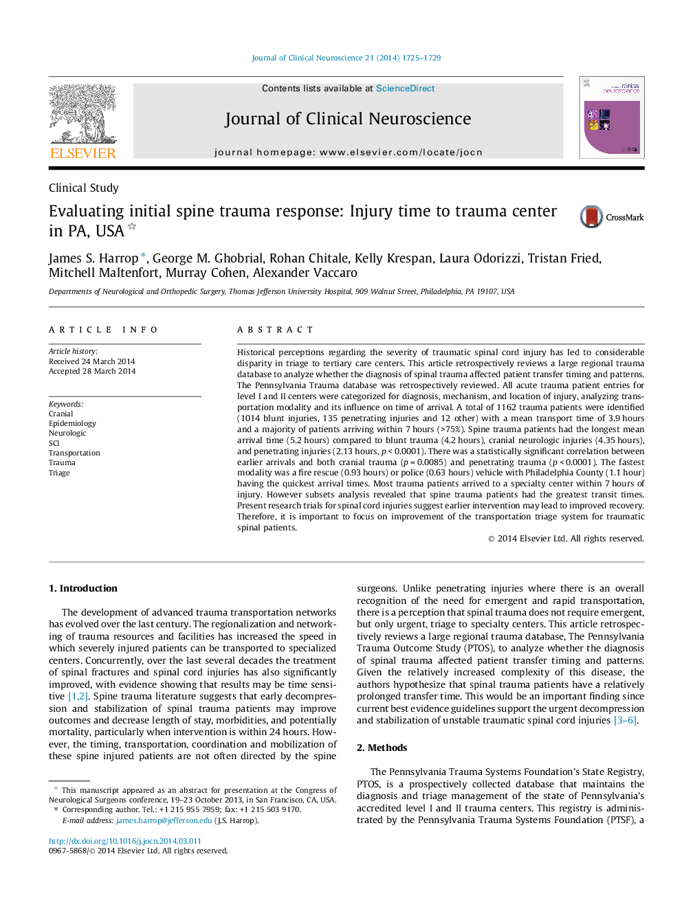 Evaluating initial spine trauma response: Injury time to trauma center in PA, USA 