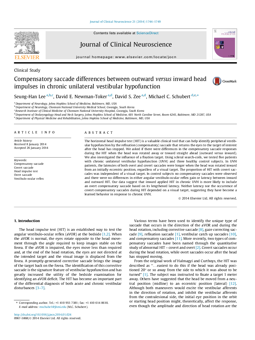 Compensatory saccade differences between outward versus inward head impulses in chronic unilateral vestibular hypofunction