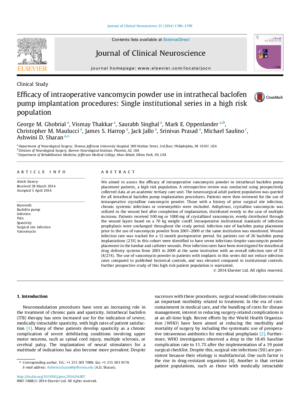 Efficacy of intraoperative vancomycin powder use in intrathecal baclofen pump implantation procedures: Single institutional series in a high risk population