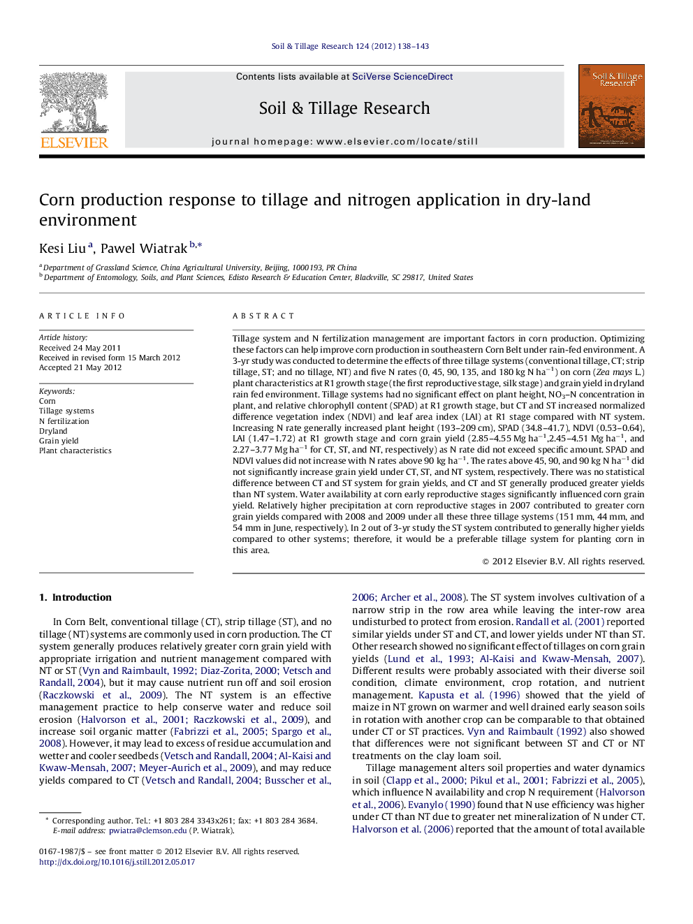 Corn production response to tillage and nitrogen application in dry-land environment